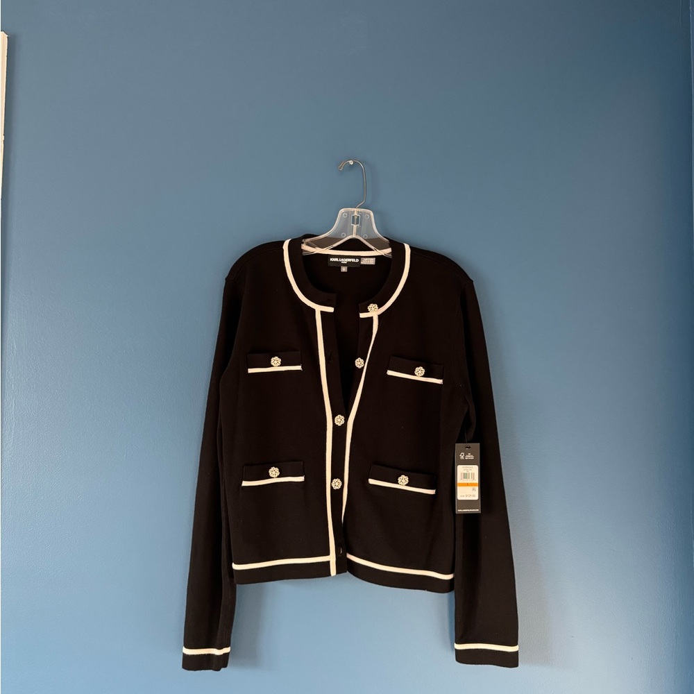 NWT Karl Lagerfeld Black and White Crew Neck Cardigan - Picture 5 of 9